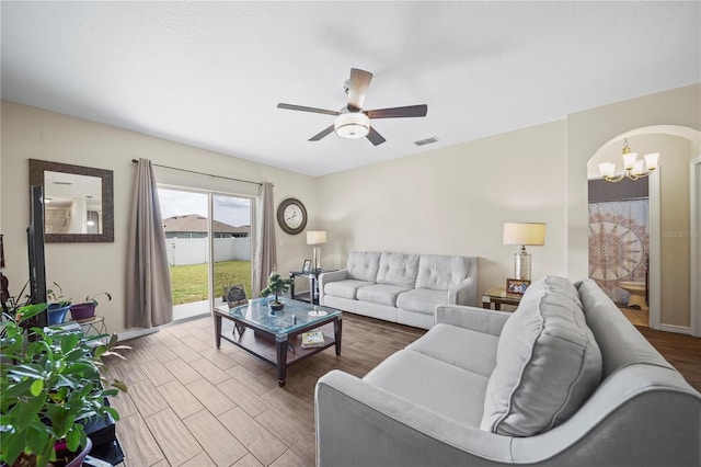 living room featuring ceiling fan