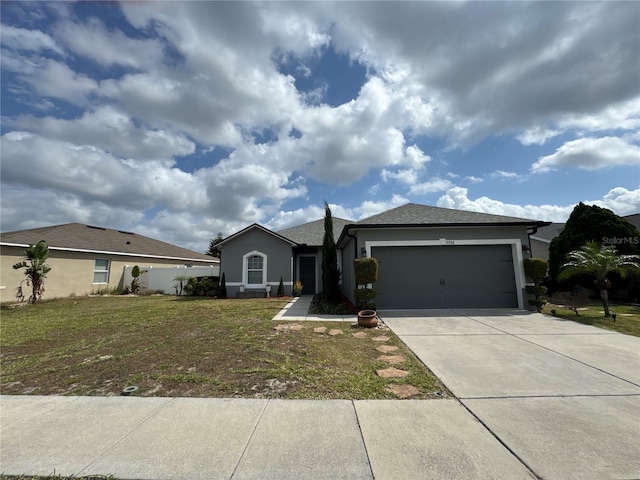 single story home featuring stucco siding, concrete driveway, a garage, and a front yard