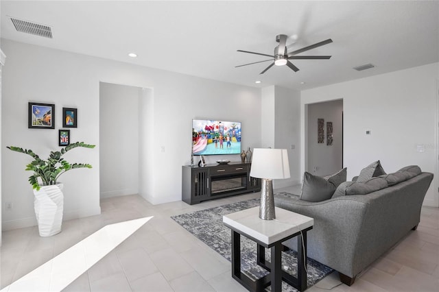 living room featuring ceiling fan