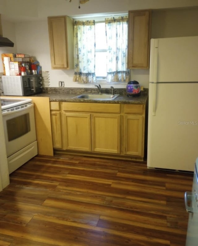 kitchen with light brown cabinetry, sink, white appliances, and dark hardwood / wood-style floors