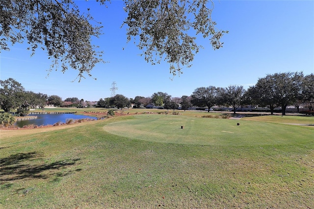 view of community featuring a lawn and a water view