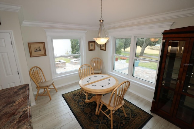 dining space featuring ornamental molding and a wealth of natural light