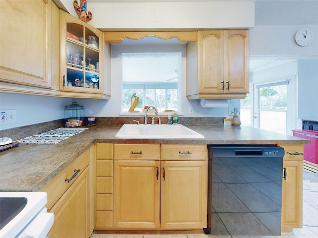 kitchen with a healthy amount of sunlight, dishwasher, sink, and light brown cabinets