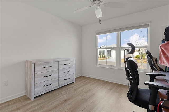 office space with light hardwood / wood-style floors and ceiling fan