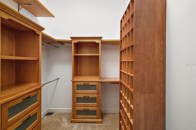 walk in closet featuring light carpet