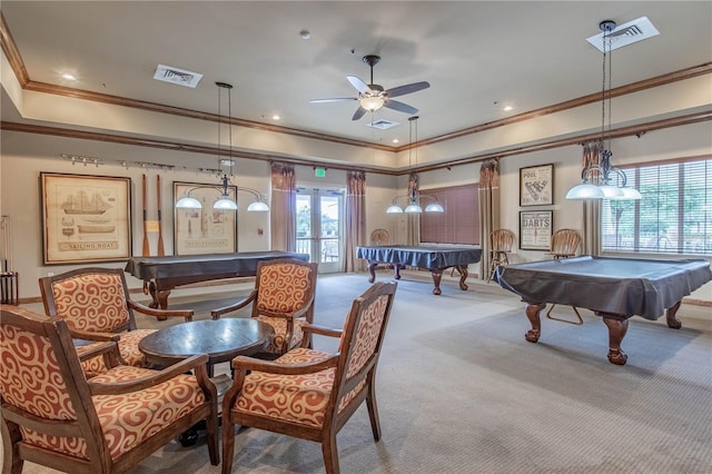 rec room with billiards, carpet flooring, ornamental molding, ceiling fan, and french doors