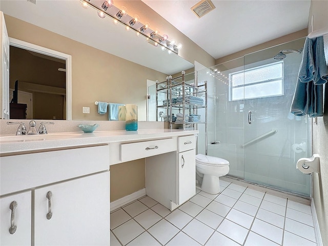 bathroom featuring tile patterned flooring, vanity, walk in shower, and toilet