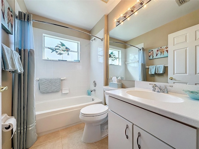 full bathroom featuring vanity, tile patterned floors, toilet, and shower / bathtub combination with curtain