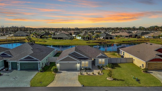 aerial view at dusk with a water view