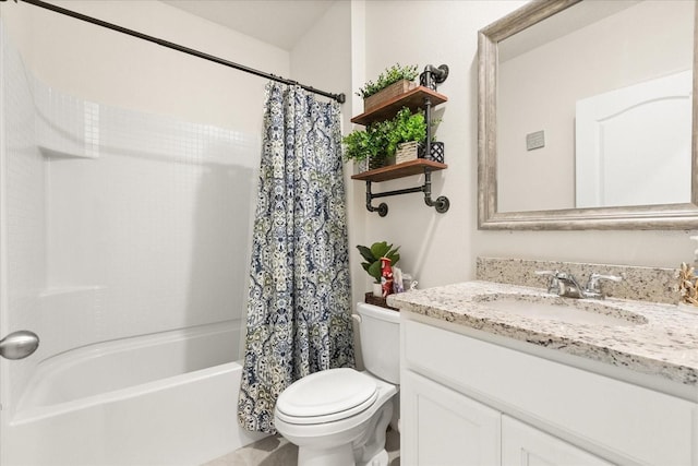 full bathroom featuring vanity, shower / bathtub combination with curtain, and toilet