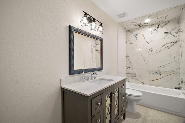 full bath with a textured wall, toilet, vanity, visible vents, and  shower combination