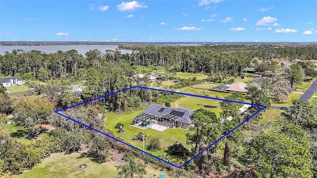 aerial view with a water view and a view of trees