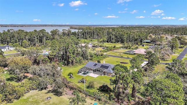 drone / aerial view with a water view and a forest view