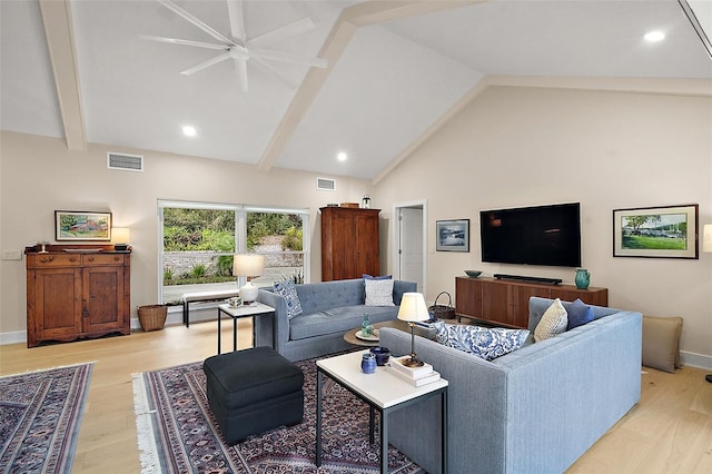 living room featuring ceiling fan, high vaulted ceiling, beam ceiling, and light hardwood / wood-style floors