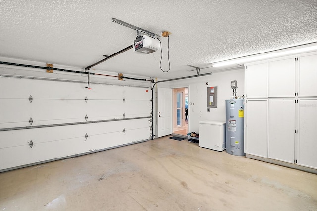 garage with refrigerator, a garage door opener, electric panel, and water heater