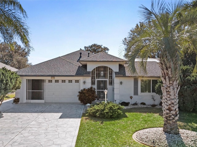 single story home featuring a garage and a front lawn