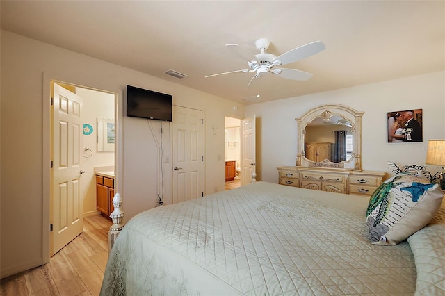 bedroom featuring connected bathroom, ceiling fan, and light wood-type flooring