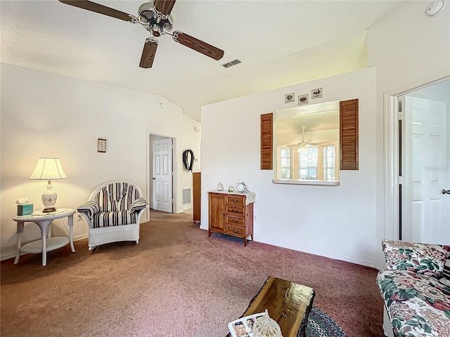 bedroom with vaulted ceiling, carpet flooring, and ceiling fan