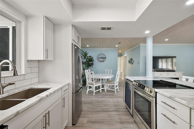 kitchen with sink, light hardwood / wood-style flooring, white cabinetry, stainless steel appliances, and tasteful backsplash