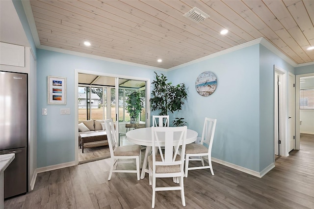 dining space with wood ceiling, wood-type flooring, and ornamental molding