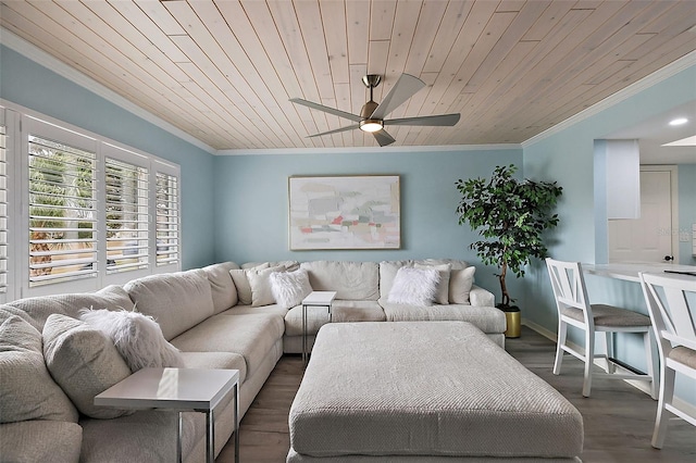 living room with dark hardwood / wood-style flooring, ceiling fan, ornamental molding, and wooden ceiling