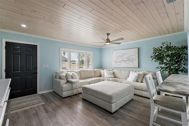 living room featuring hardwood / wood-style flooring, ornamental molding, and wood ceiling