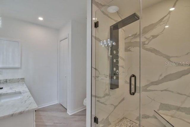 bathroom with vanity, a shower with shower door, and wood-type flooring