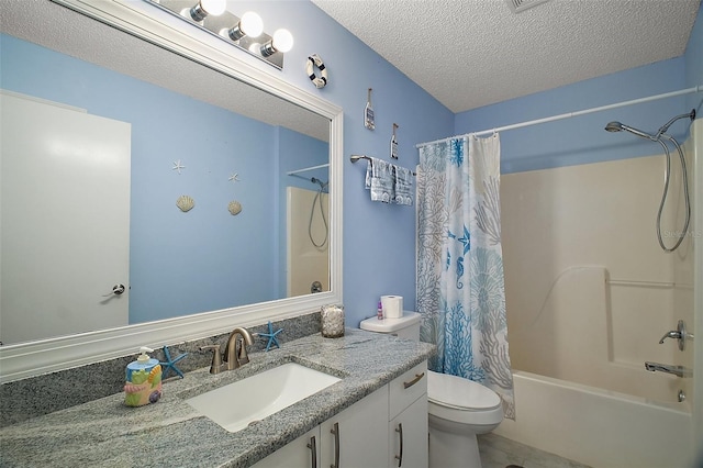 full bathroom with vanity, toilet, a textured ceiling, and shower / tub combo with curtain