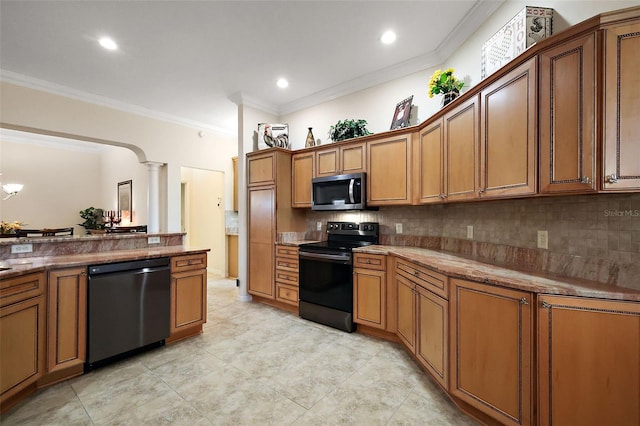 kitchen with stainless steel microwave, decorative backsplash, dishwasher, electric range, and brown cabinetry