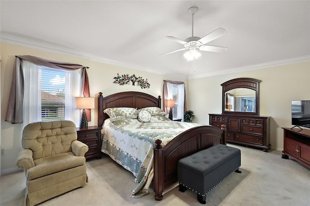 bedroom featuring light carpet, ornamental molding, baseboards, and a ceiling fan