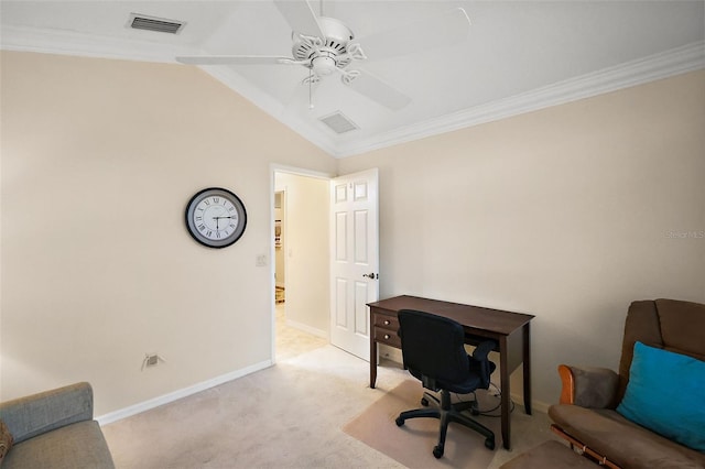 office featuring light colored carpet, lofted ceiling, baseboards, a ceiling fan, and visible vents