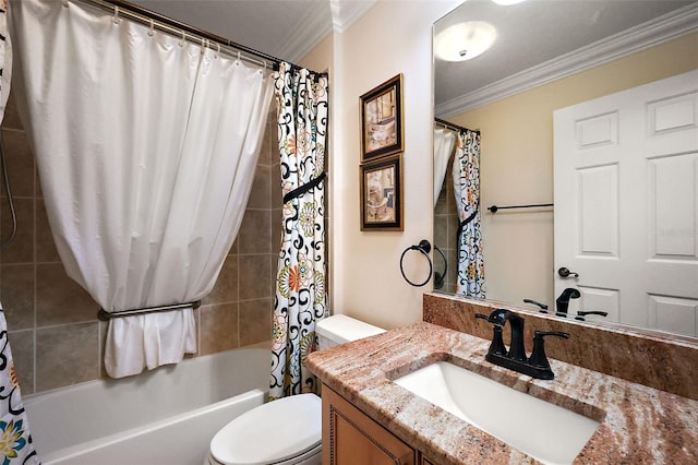 full bathroom with toilet, vanity, shower / bath combo, and ornamental molding