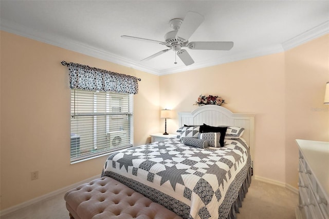 bedroom featuring crown molding, light colored carpet, a ceiling fan, and baseboards