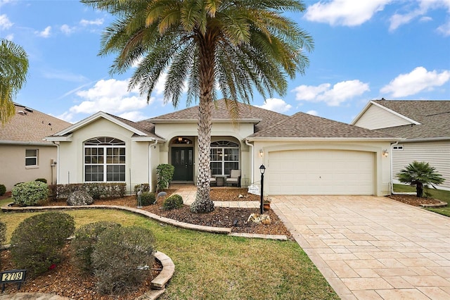 single story home featuring an attached garage, a front yard, decorative driveway, a shingled roof, and stucco siding