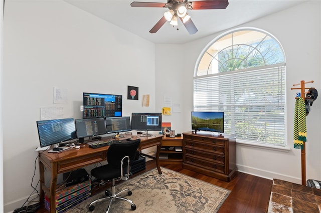 home office featuring dark wood-type flooring and ceiling fan