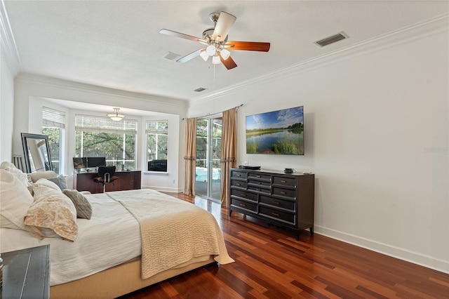 bedroom featuring dark hardwood / wood-style flooring, ornamental molding, access to outside, ceiling fan, and a textured ceiling