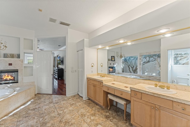 bathroom with a healthy amount of sunlight, vanity, a tile fireplace, and a washtub