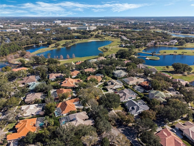 drone / aerial view featuring a water view