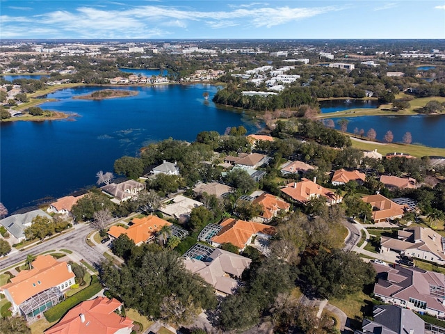 bird's eye view with a water view