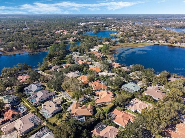 bird's eye view with a water view