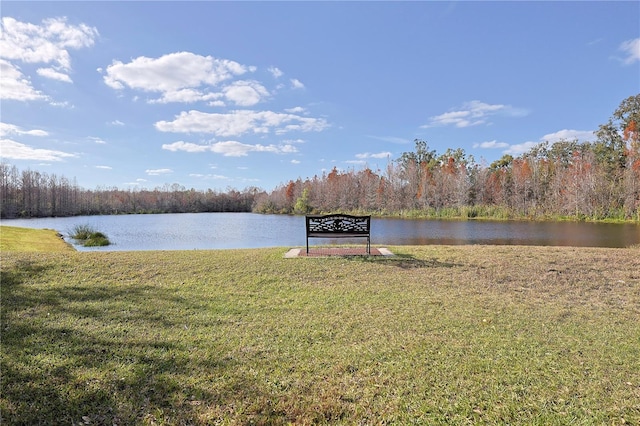 property view of water featuring a forest view