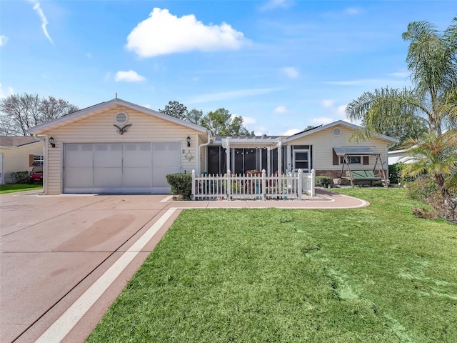 ranch-style house featuring a garage and a front lawn