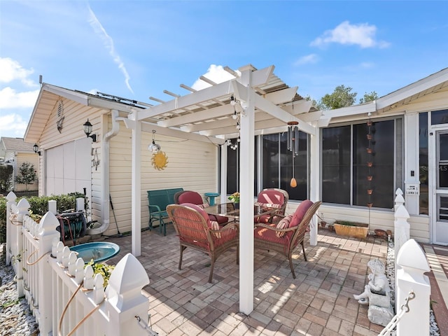 view of patio / terrace with outdoor lounge area and a pergola