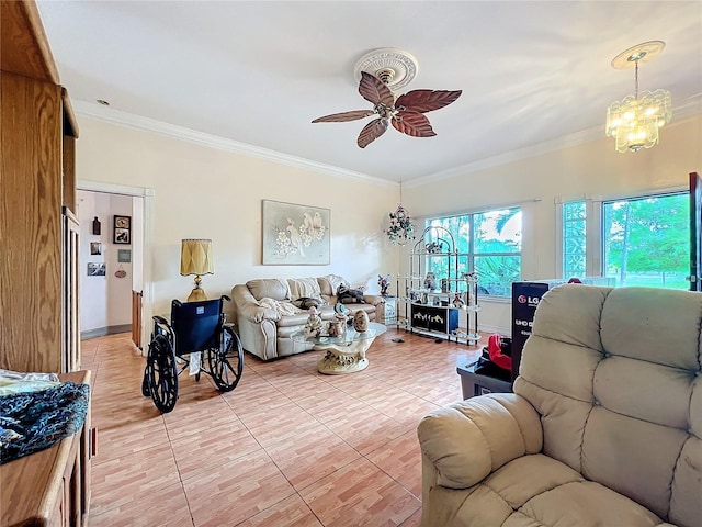 living room featuring crown molding and ceiling fan