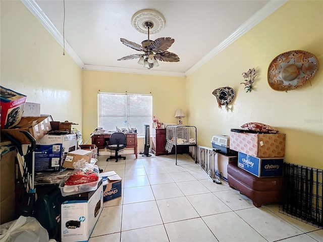 misc room with light tile patterned floors, ornamental molding, and ceiling fan