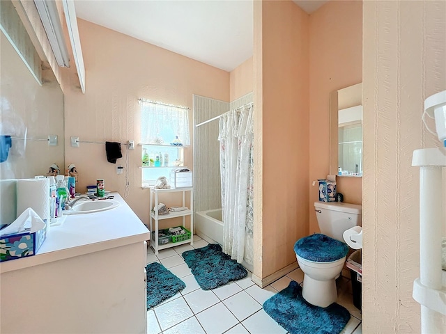 full bathroom with tile patterned flooring, vanity, toilet, and shower / tub combo with curtain