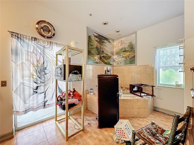 living area with tile patterned flooring