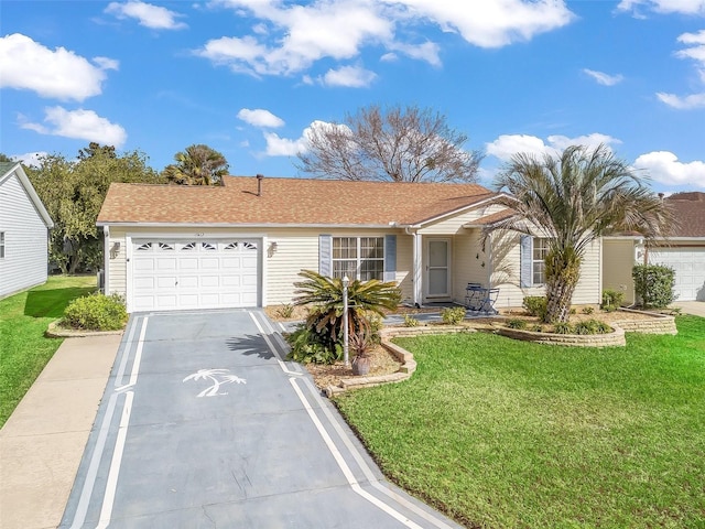 ranch-style house with a garage and a front lawn