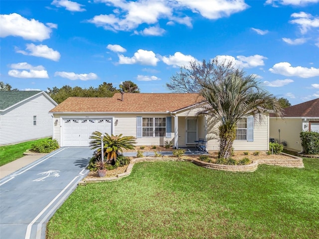 ranch-style home with a garage and a front yard