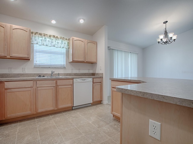 kitchen with pendant lighting, sink, an inviting chandelier, white dishwasher, and light brown cabinets